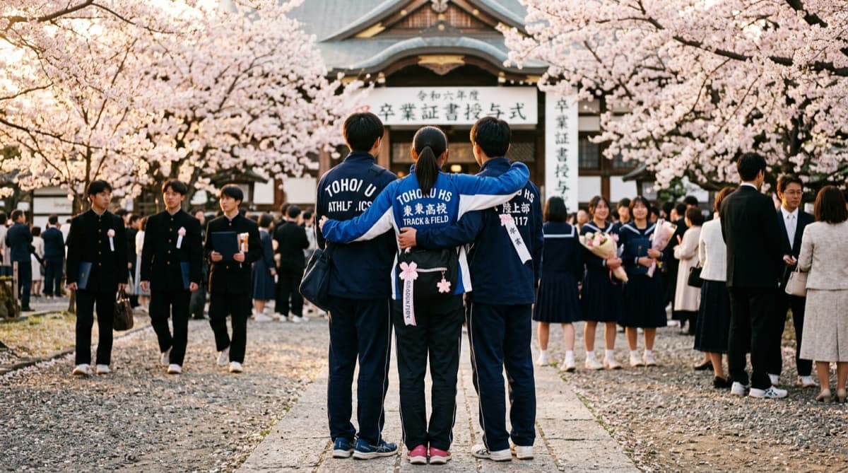 桜の下で肩を組む陸上部員の後ろ姿 - 陸上部の卒業・引退プレゼント特集
