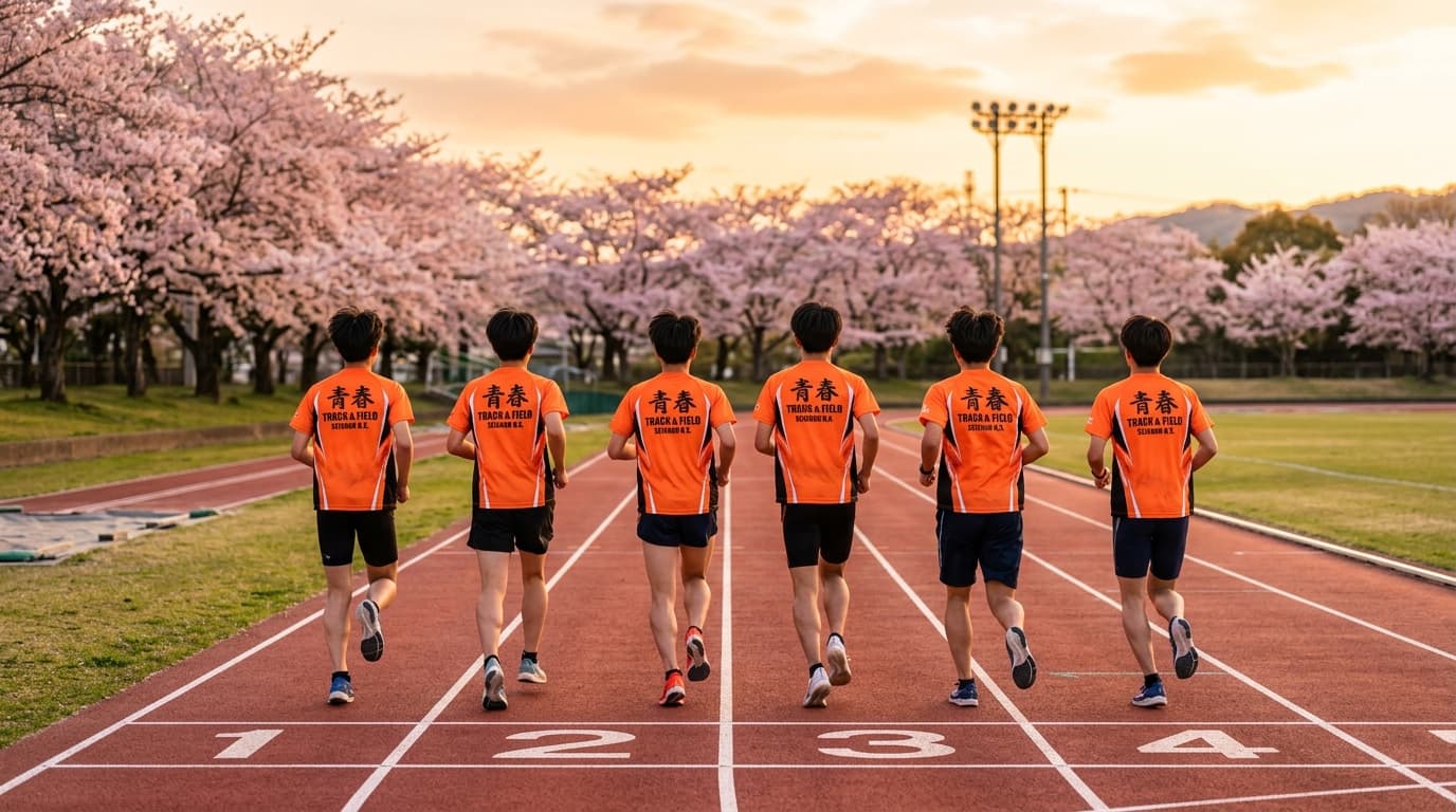 陸上部の新入生がおそろいのTシャツを着てトラックを走る後ろ姿