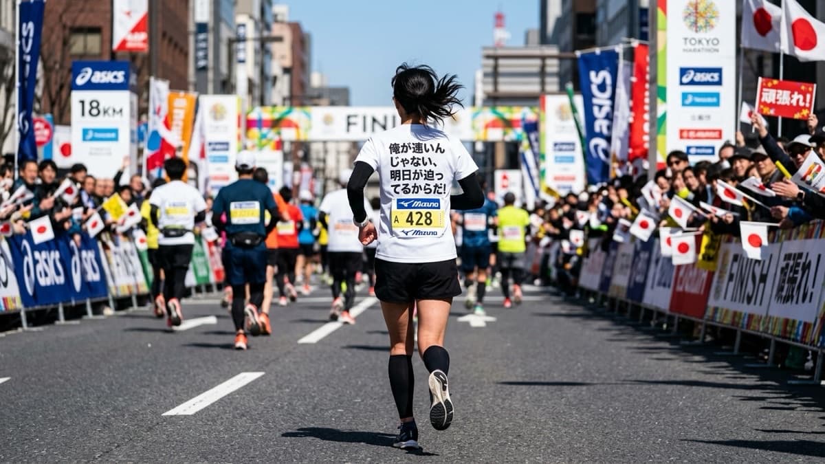 マラソンおもしろTシャツを着て走るランナー