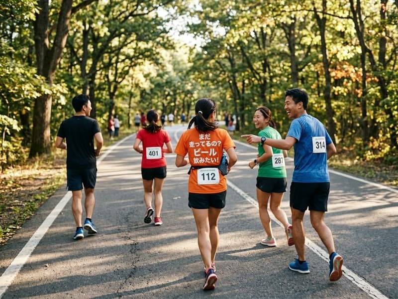 おもしろTシャツを着たランナーが沿道の声援を受けて走るイメージ
